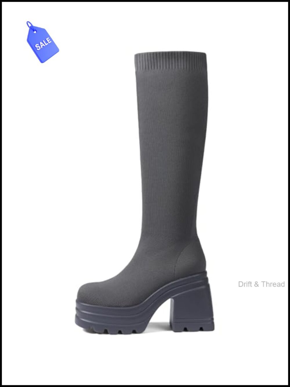 Knit Sock Knee High Platform Boots Chunky Heel Wide Calf Pull-On